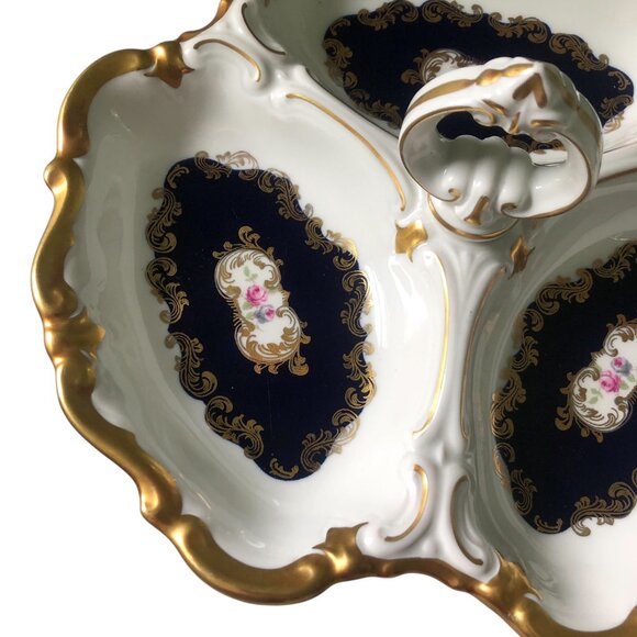 REICHENBACH ECHT KOBALT Cobalt Porcelain Central Handle 3-Section Gilded Dish - Picture 3 of 5